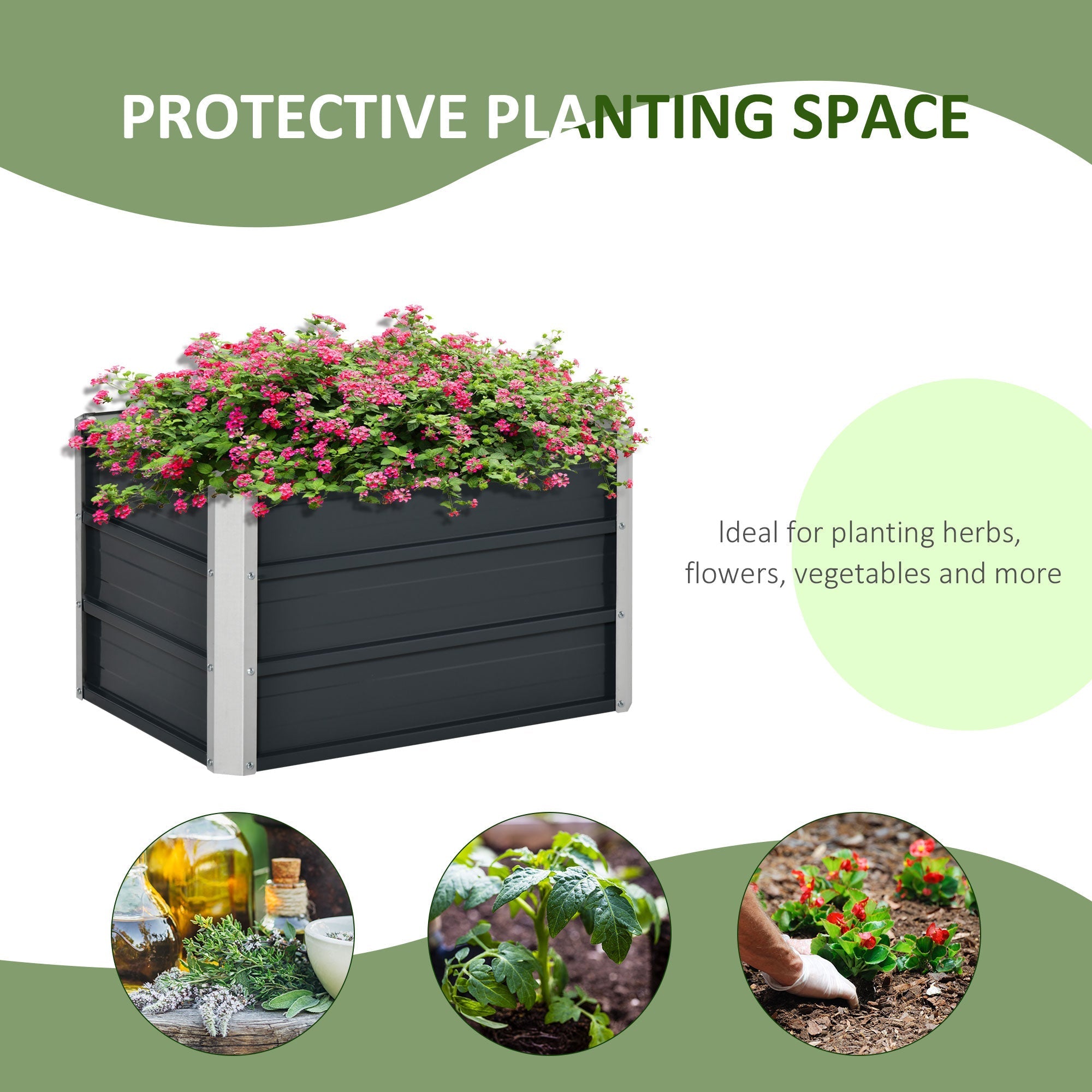 Black and silver galvanized steel raised garden bed with vibrant pink flowers and included installation gloves for patio use