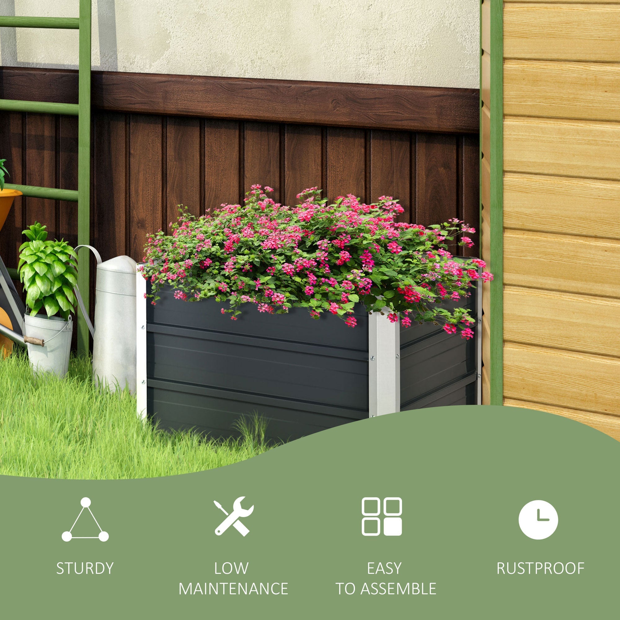 Dark gray raised garden bed with white metal sides and horizontal slats includes installation gloves for backyard use