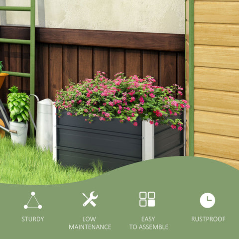 Dark gray raised garden bed with white metal sides and horizontal slats includes installation gloves for backyard use