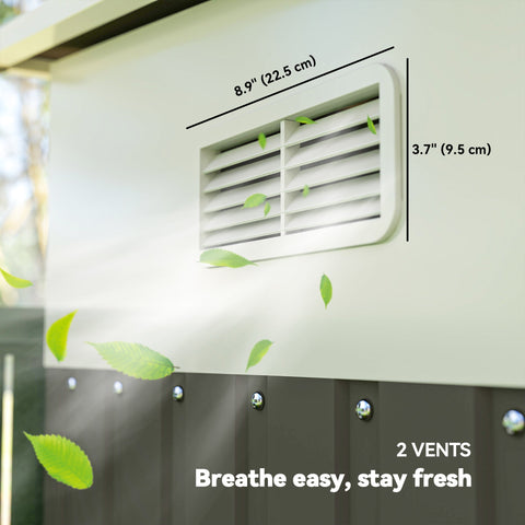 White rectangular vent with horizontal slats for airflow on the grey outsunny metal garden storage shed with double sliding doors
