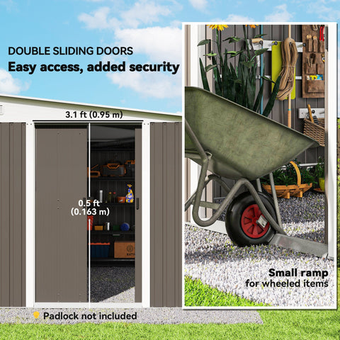 Gray metal storage shed with double sliding doors and ramp for easy access perfect for garden storage shed