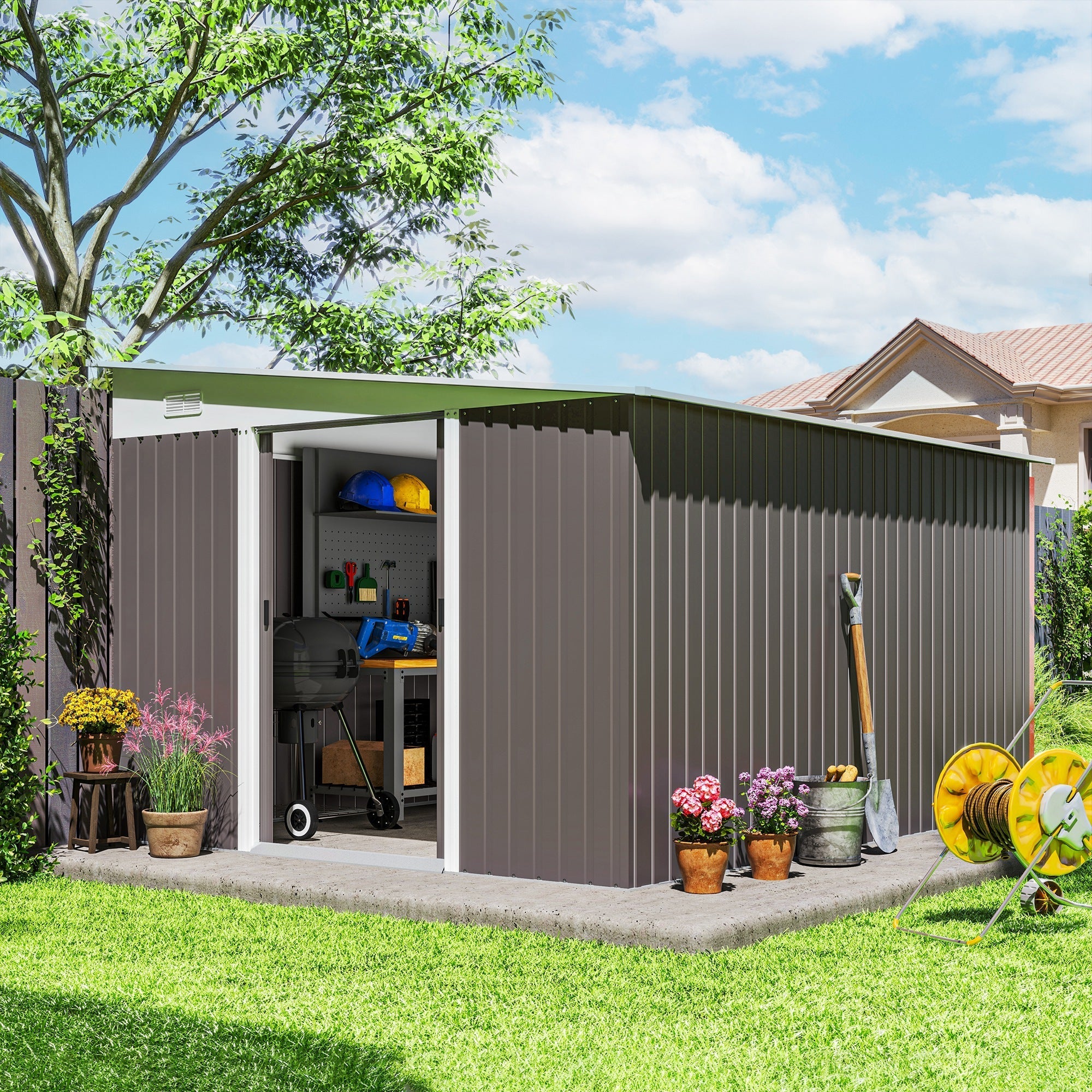 A dark gray galvanized metal garden storage shed with white trim and double sliding doors showing tools inside