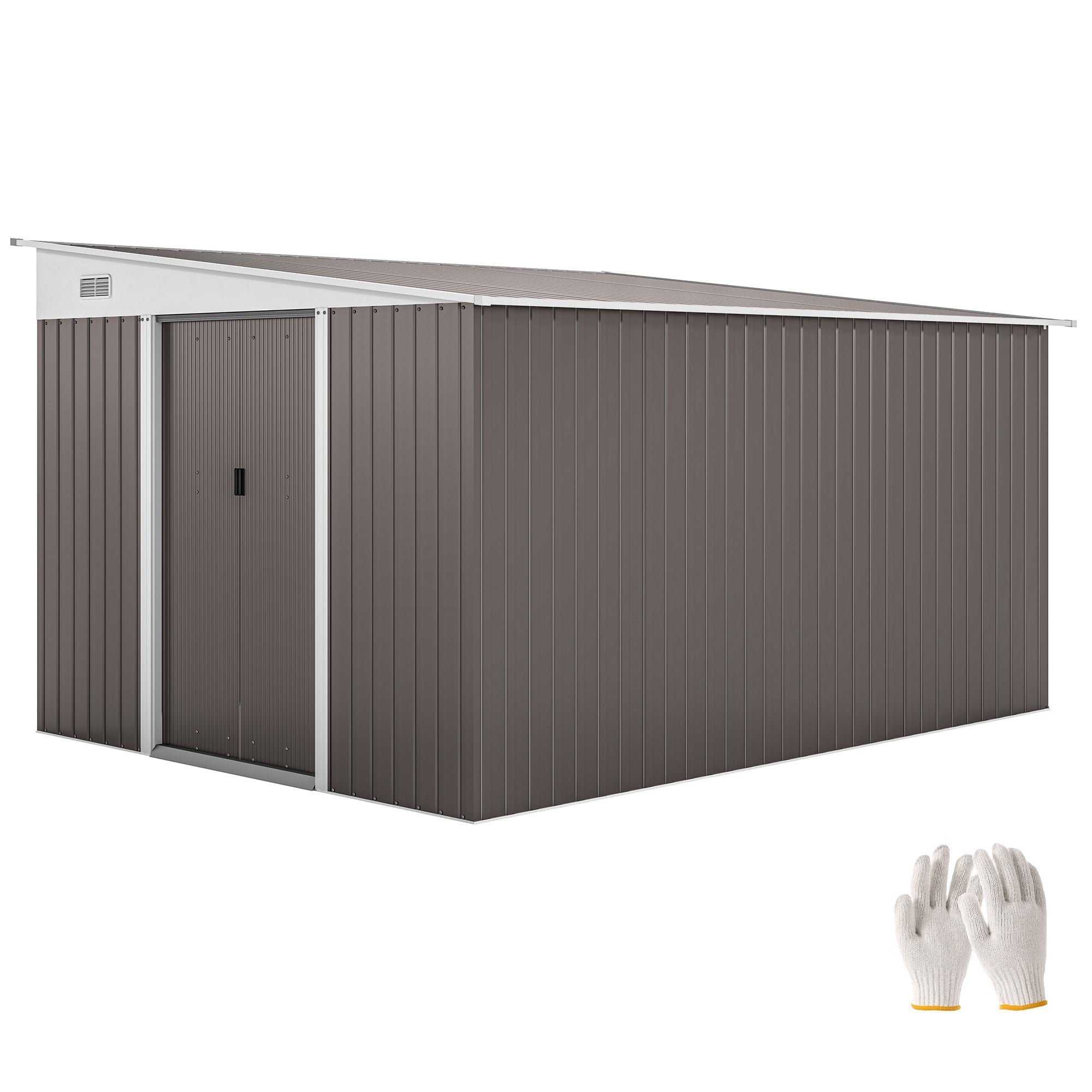 Brown metal garden storage shed with white trim and roof vent for outdoor galvanized tool storage house