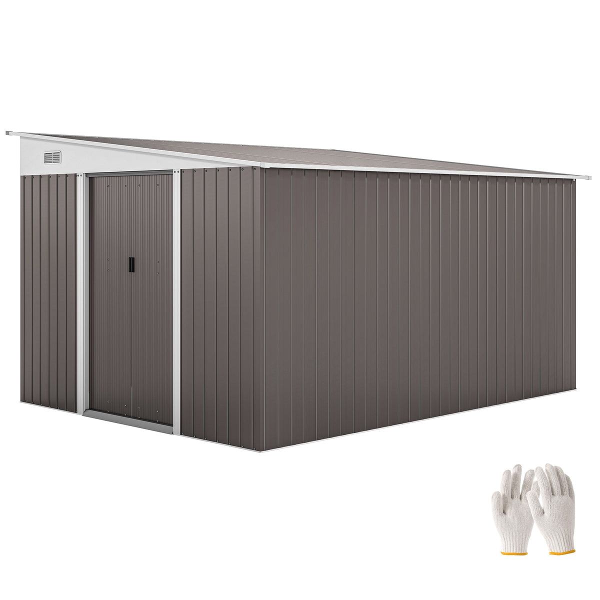 Brown metal garden storage shed with white trim and roof vent for outdoor galvanized tool storage house
