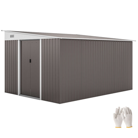Brown metal garden storage shed with white trim and roof vent for outdoor galvanized tool storage house
