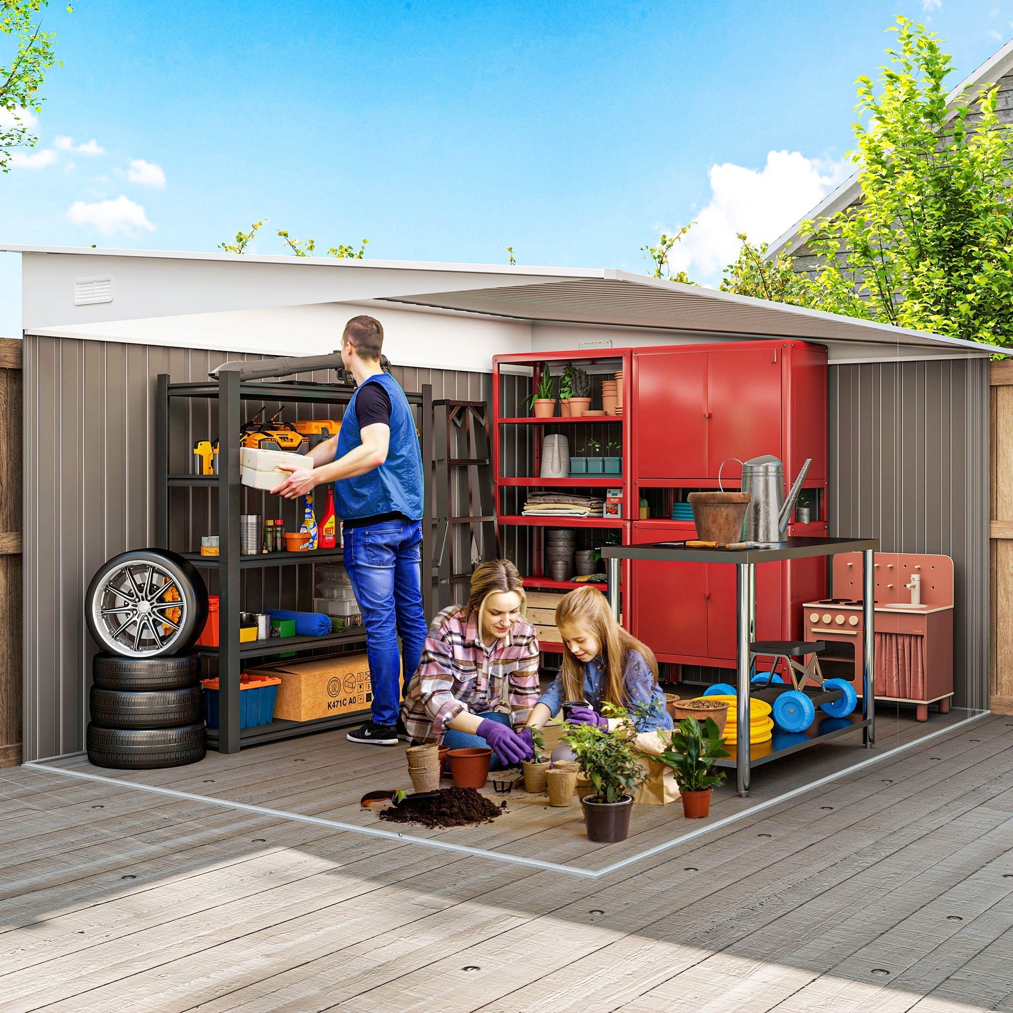 Red metal storage cabinet with shelves and drawers inside an outsunny double sliding garden storage shed