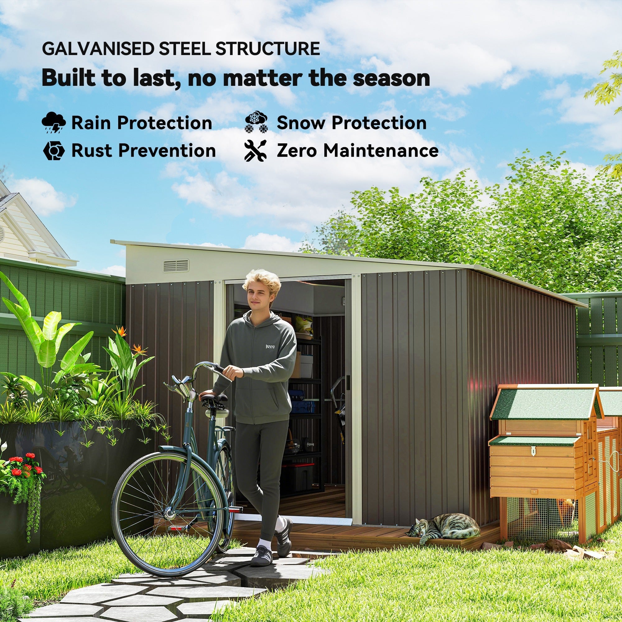 Dark brown galvanized steel storage shed with white roof and open door featuring double sliding doors for garden storage shed
