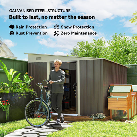 Dark brown galvanized steel storage shed with white roof and open door featuring double sliding doors for garden storage shed