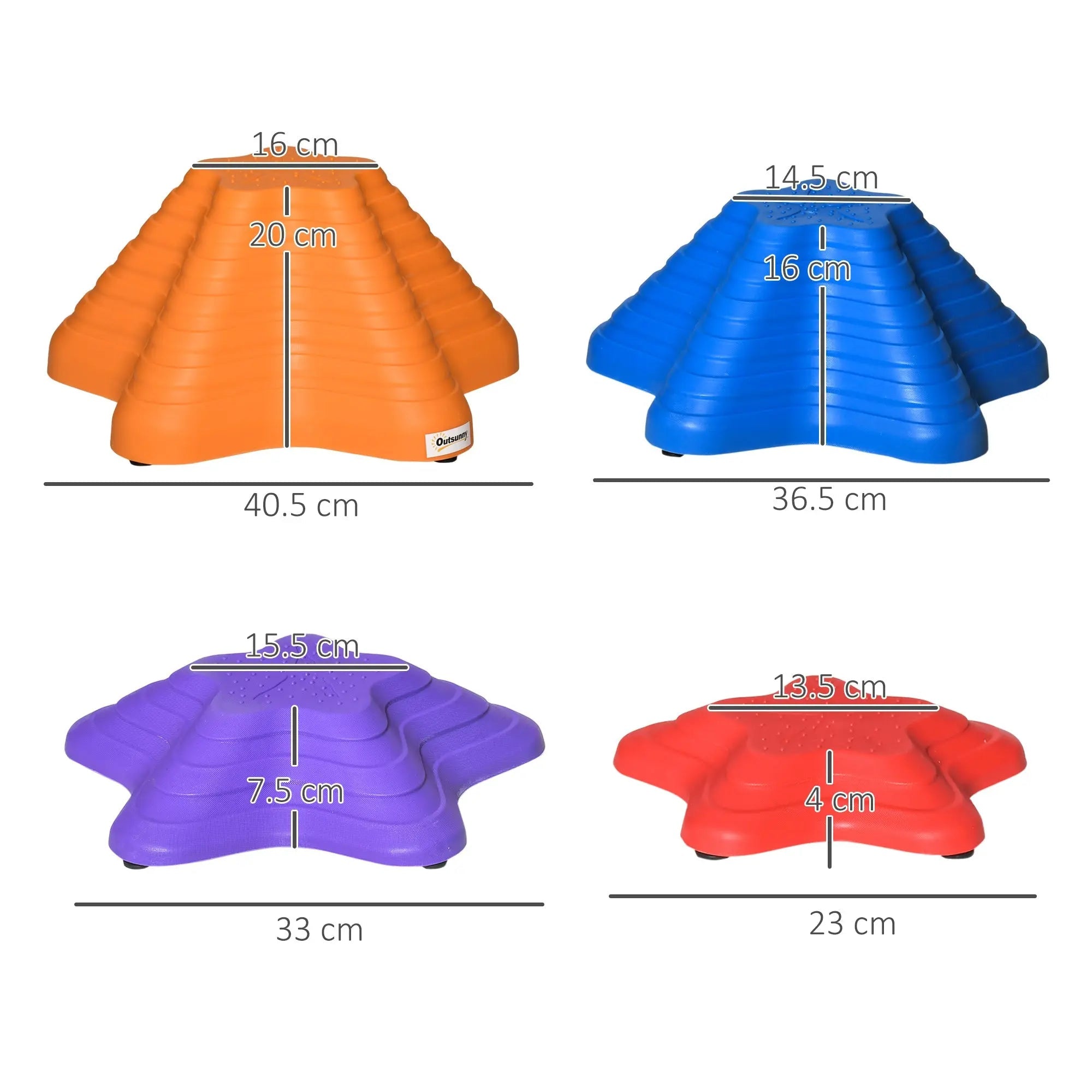 Brightly colored plastic balance stepping stones in orange blue purple and red for kids indoor outdoor play