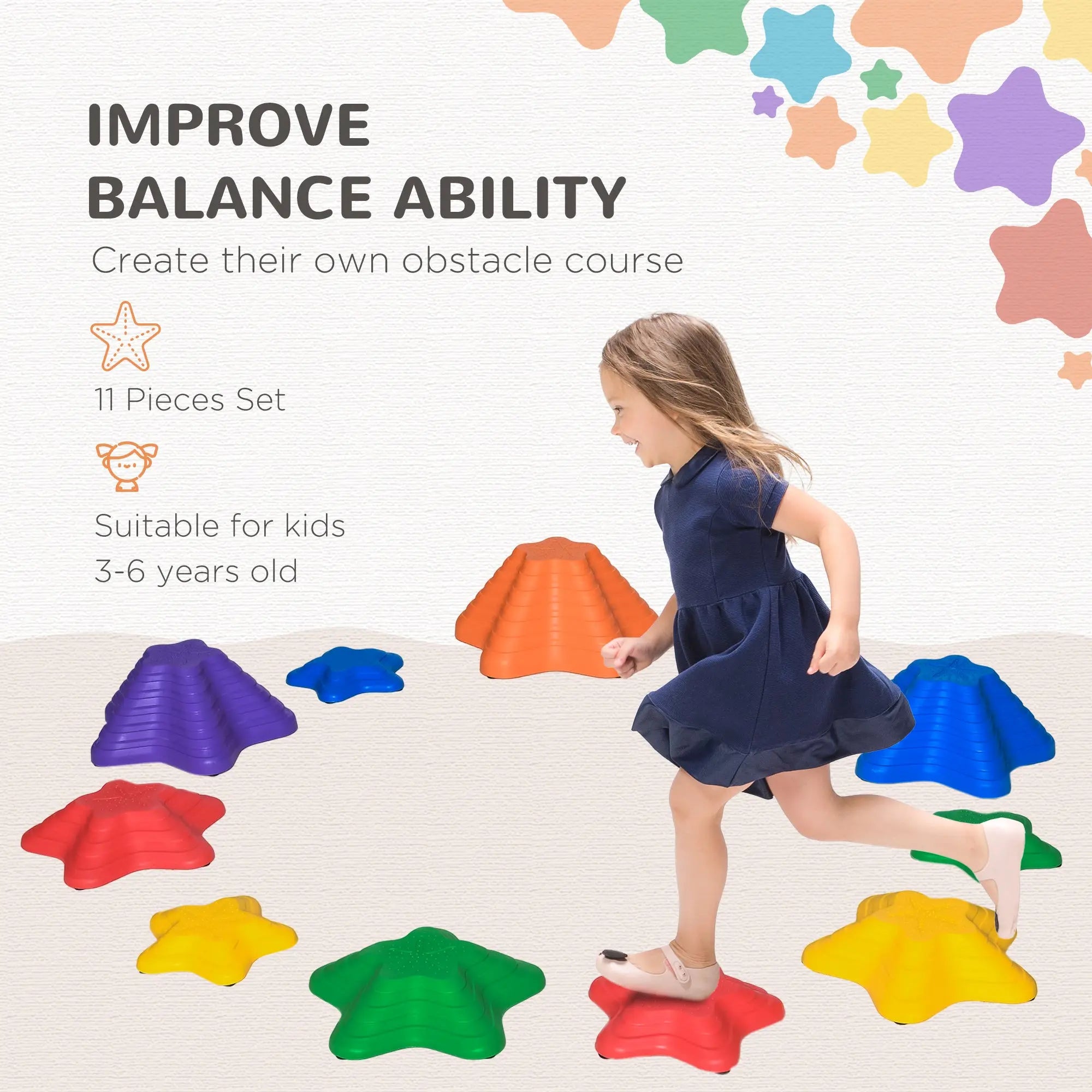 Colorful star-shaped balance stepping stones for kids aged 3-6 with non-slip surface for indoor outdoor play