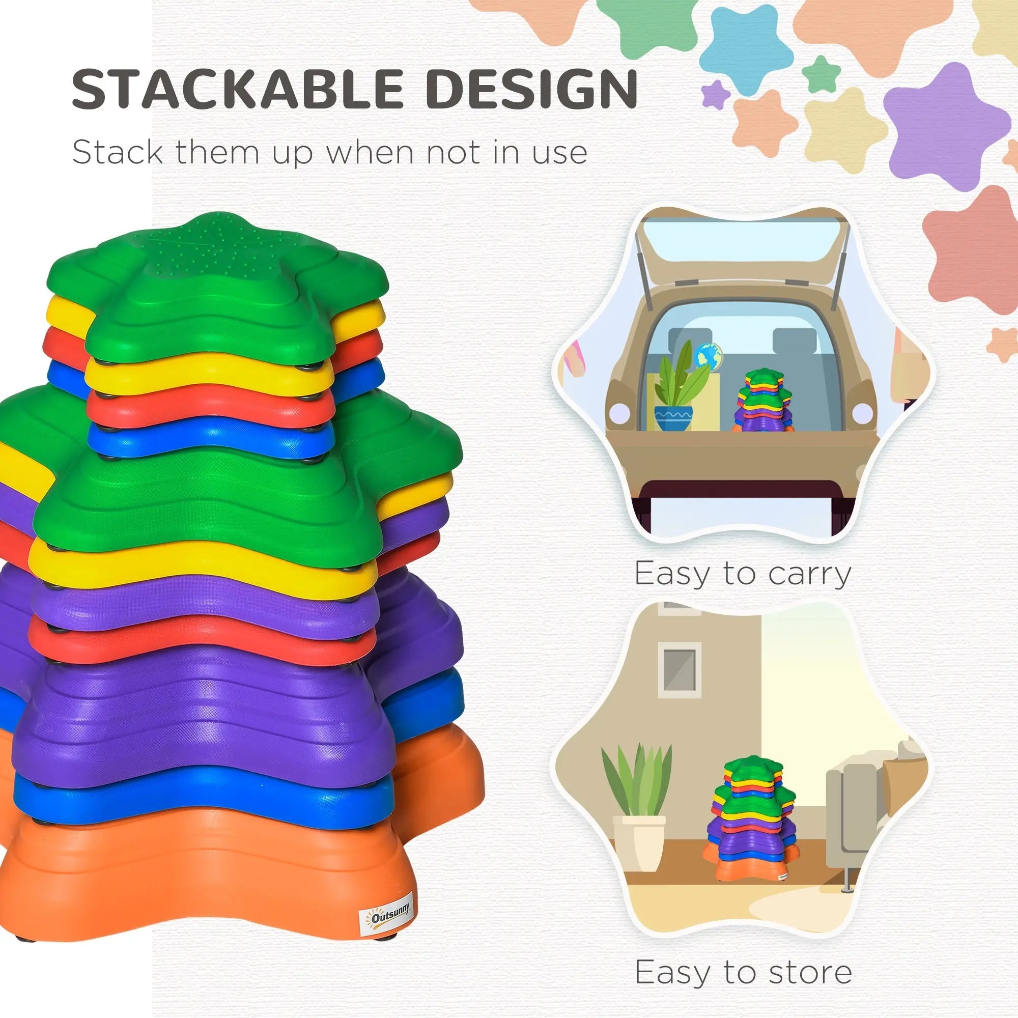 Outsunny star-shaped balance stepping stones in vibrant rainbow colors made of non-slip plastic for toddlers