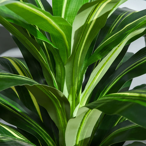 A lush artificial dracaena tree with variegated green and yellow leaves in a cement-filled nursery pot for indoor outdoor decor