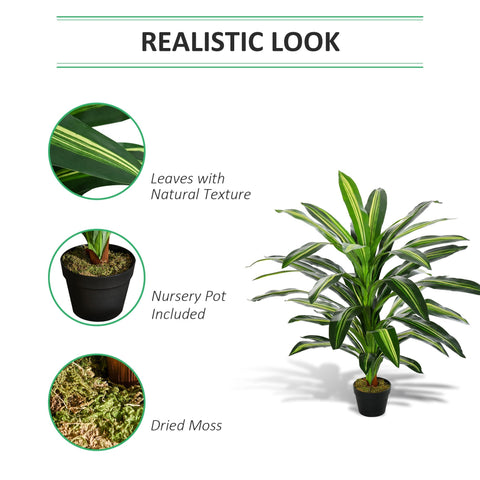 Artificial dracaena tree with long green leaves featuring white stripes in black nursery pot with dried moss for decor