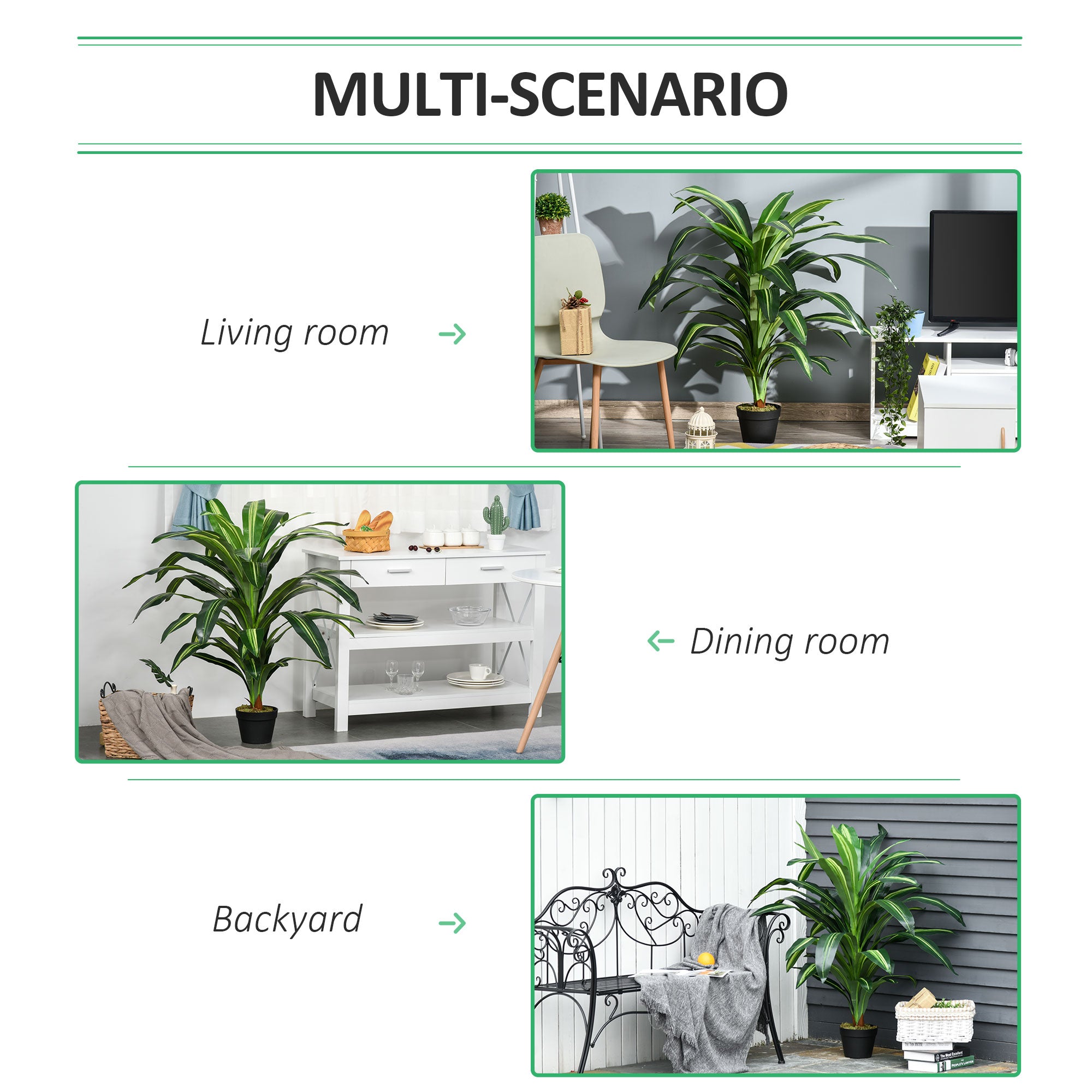 Artificial dracaena tree with green leaves in black nursery pot perfect for indoor and outdoor decor