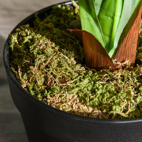 Black ceramic cement-filled pot with lush green moss and vibrant artificial dracaena tree for indoor outdoor décor