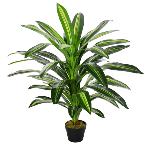 A lush 110cm artificial dracaena tree with glossy green and yellow striped leaves in a sleek black pot for indoor outdoor use