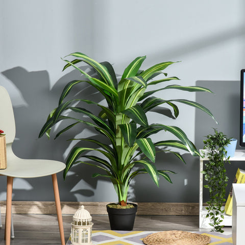 Lush artificial dracaena tree with long green leaves striped yellow in a black pot perfect for indoor outdoor decor