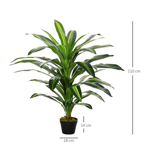 Outsunny 110cm artificial dracaena tree with green and yellow striped leaves in a sleek black nursery pot for indoor outdoor décor