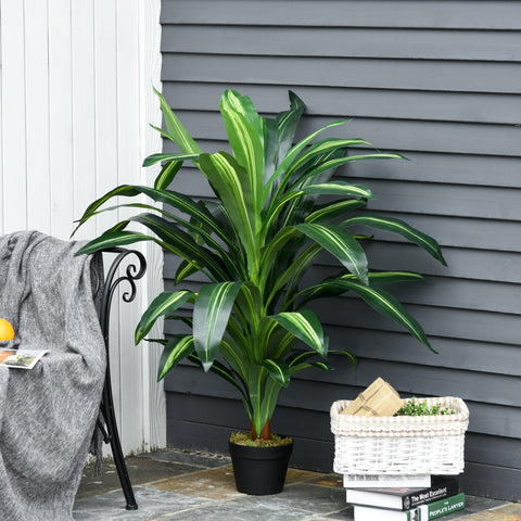 A lush artificial dracaena tree with 40 variegated leaves in a cement-filled black nursery pot for indoor outdoor décor