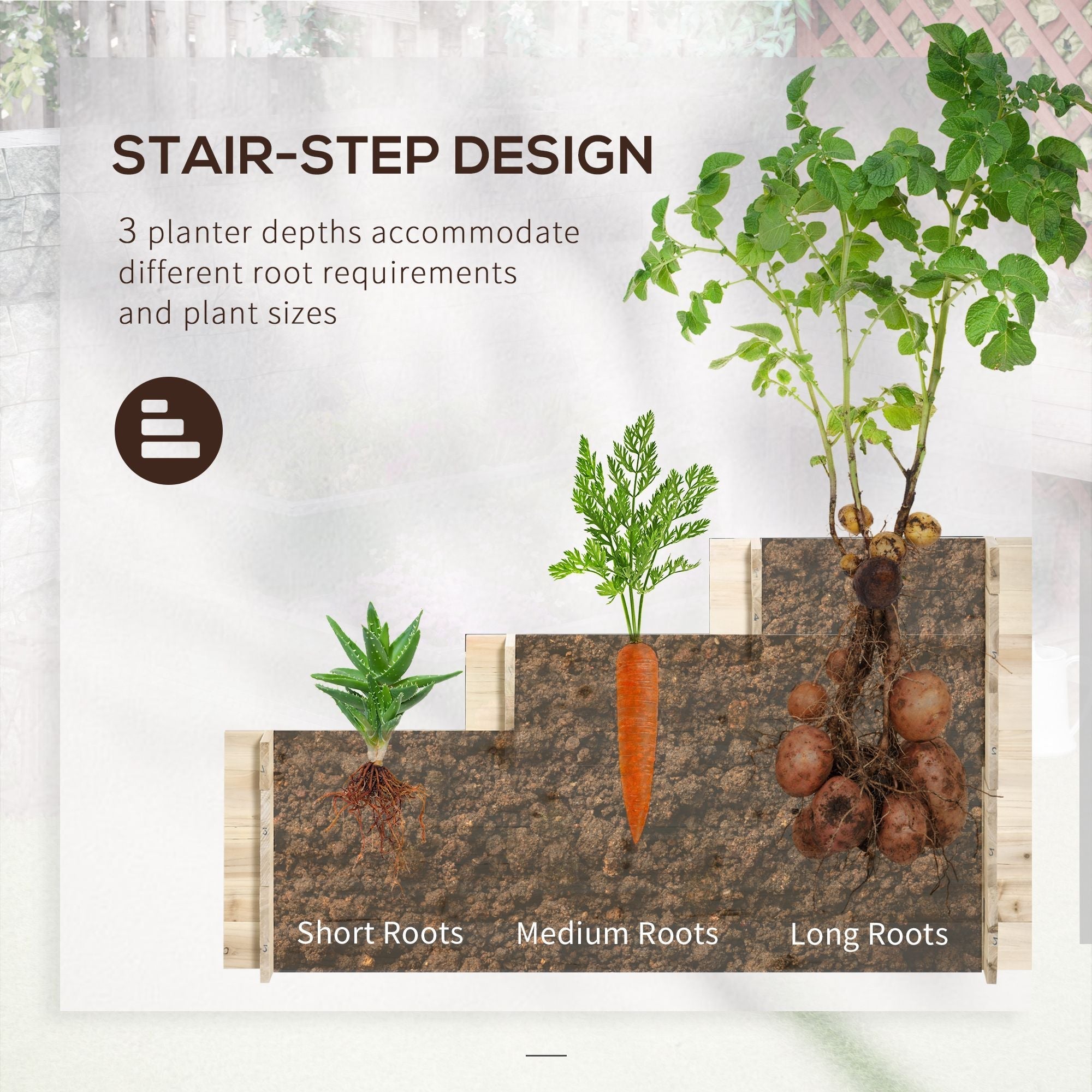 Outsunny 3 tier raised garden bed in fir wood with labeled stair-step compartments for succulents carrots and potatoes