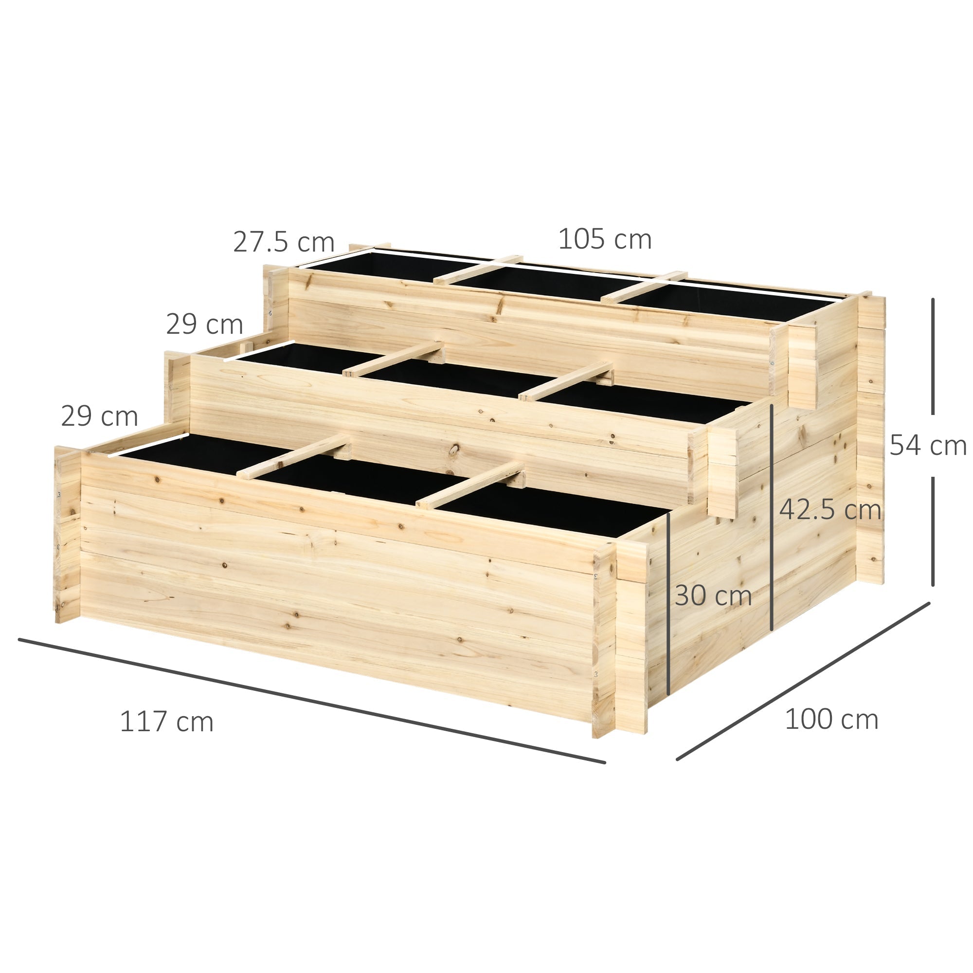 Sturdy light-colored fir wood raised garden bed with three tiers and black lining for outdoor indoor use