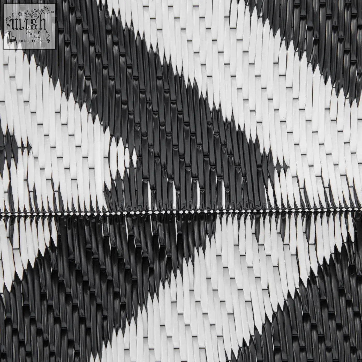 Black and white outdoor rug with geometric plastic straw pattern perfect for road tour camping and garden use