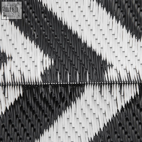 Black and white outdoor rug with geometric plastic straw pattern perfect for road tour camping and garden use