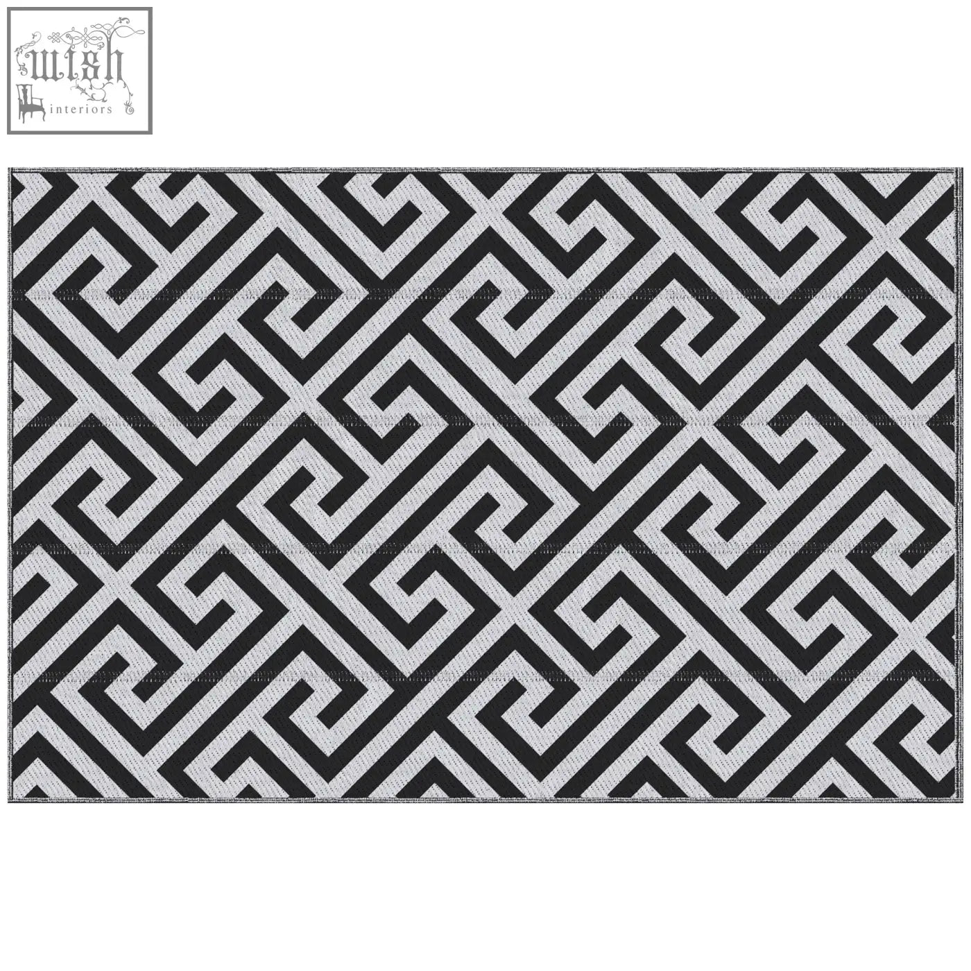 Black and silver geometric outdoor rug with woven plastic straw texture perfect for road tour camping and garden use