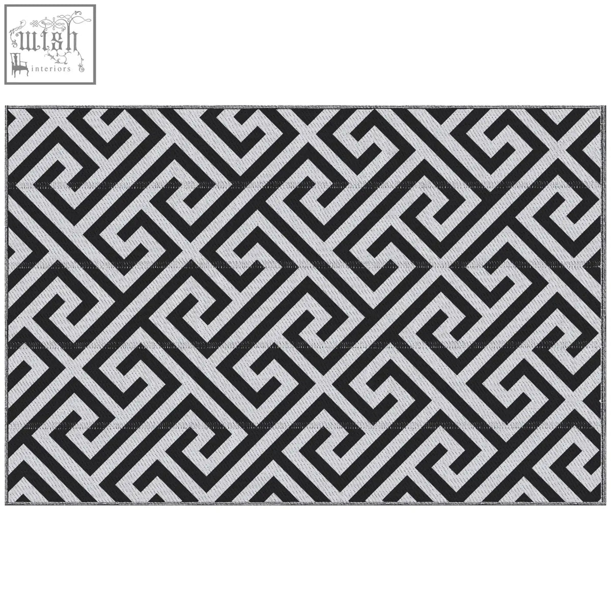 Black and silver geometric outdoor rug with woven plastic straw texture perfect for road tour camping and garden use