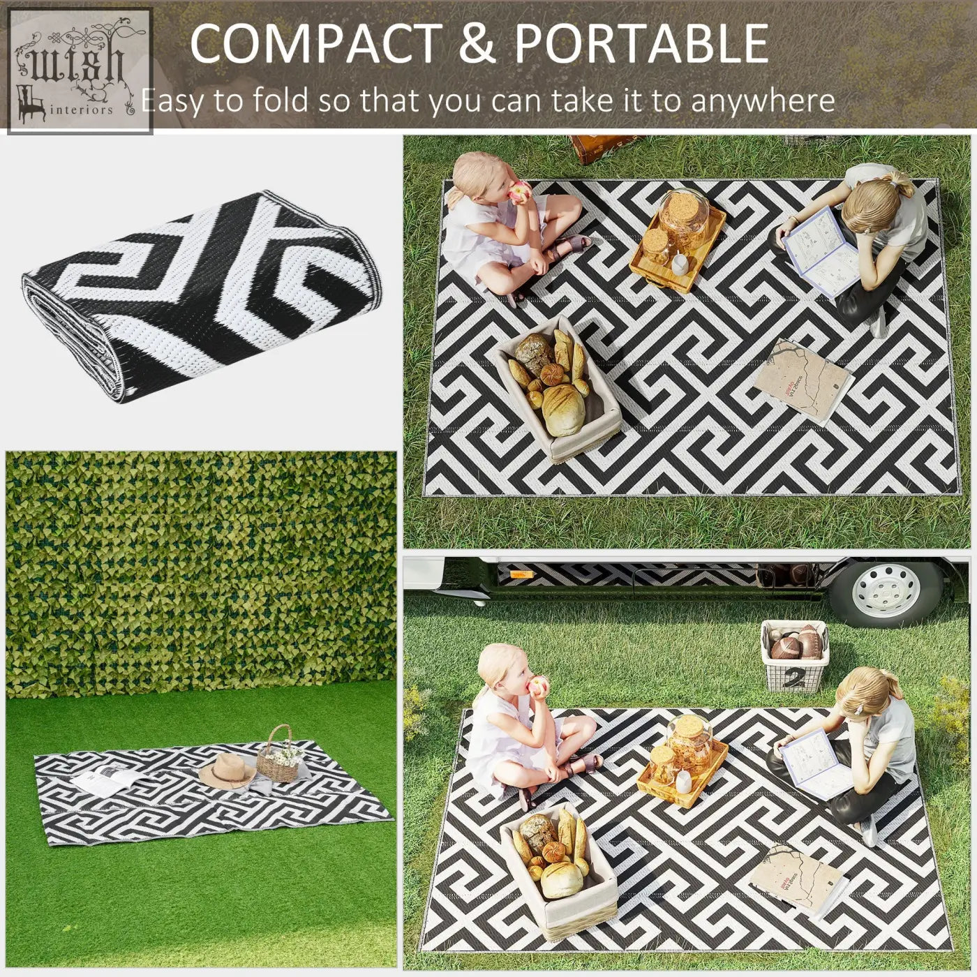 Outsunny black and white geometric portable outdoor rug made of plastic straw for road tour picnic and camping use