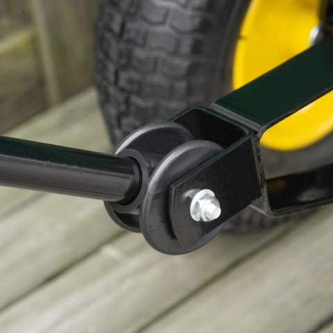 Black metal wheel axle assembly with silver bolt on green outsunny garden cart rubberized roller frame