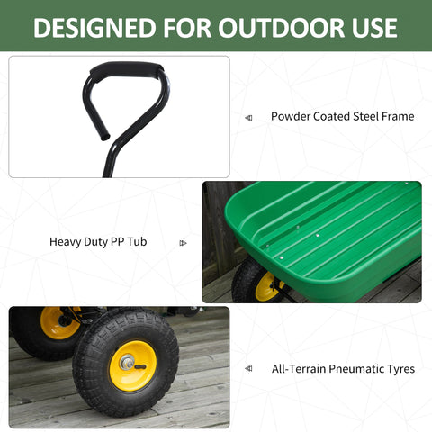 Outsunny green heavy-duty garden cart with black steel handle and yellow all-terrain pneumatic tires for easy hauling