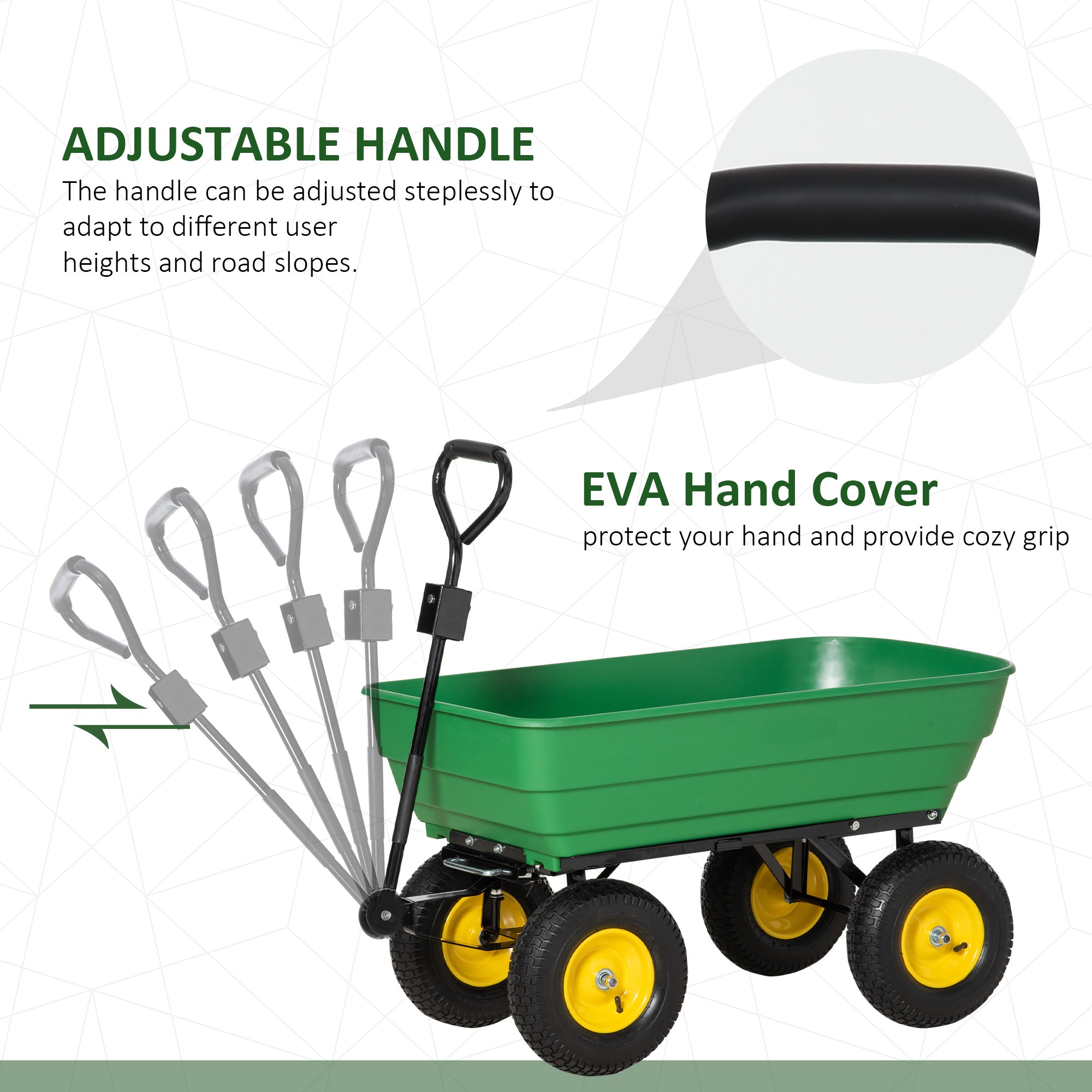 Green outsunny garden cart with black metal frame and yellow wheels heavy duty 4 wheel trolley for gardening tasks