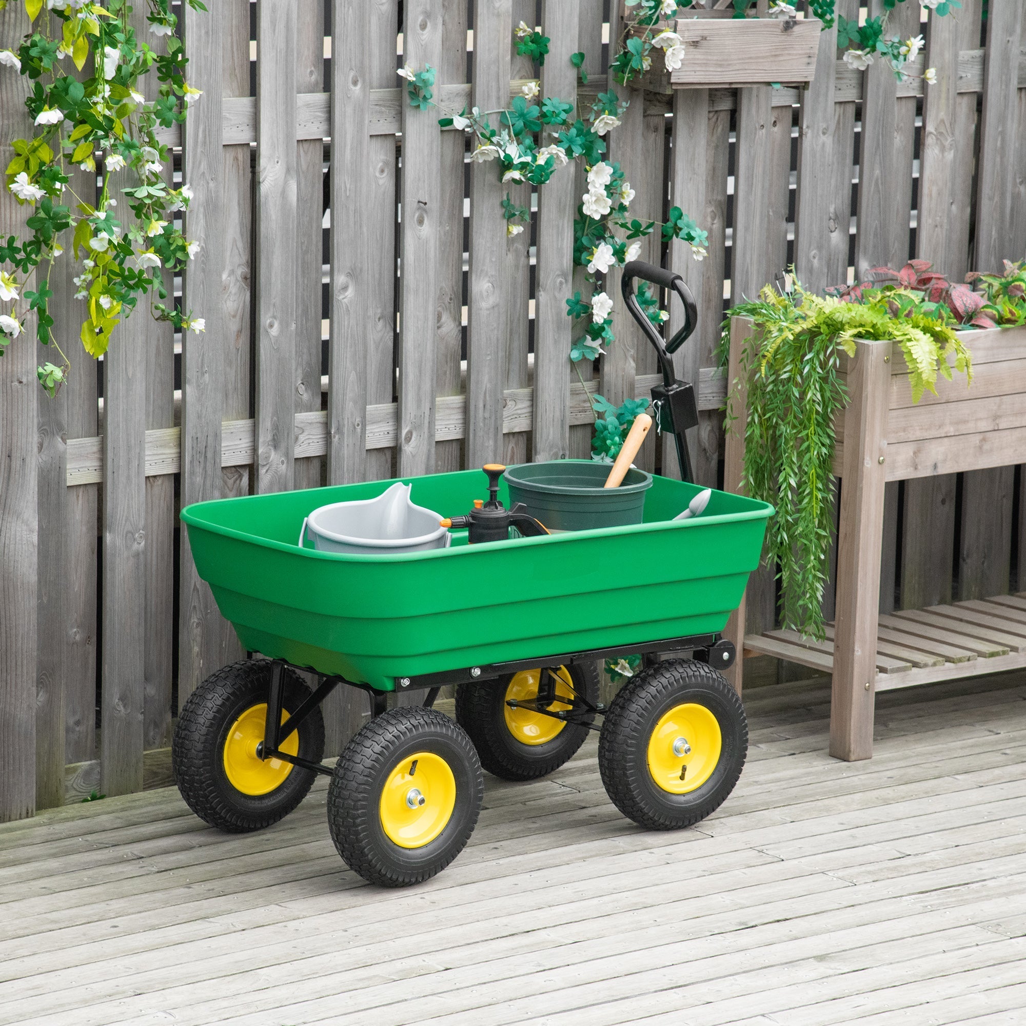 Outsunny green plastic garden cart with yellow wheels and black metal frame for heavy duty outdoor use