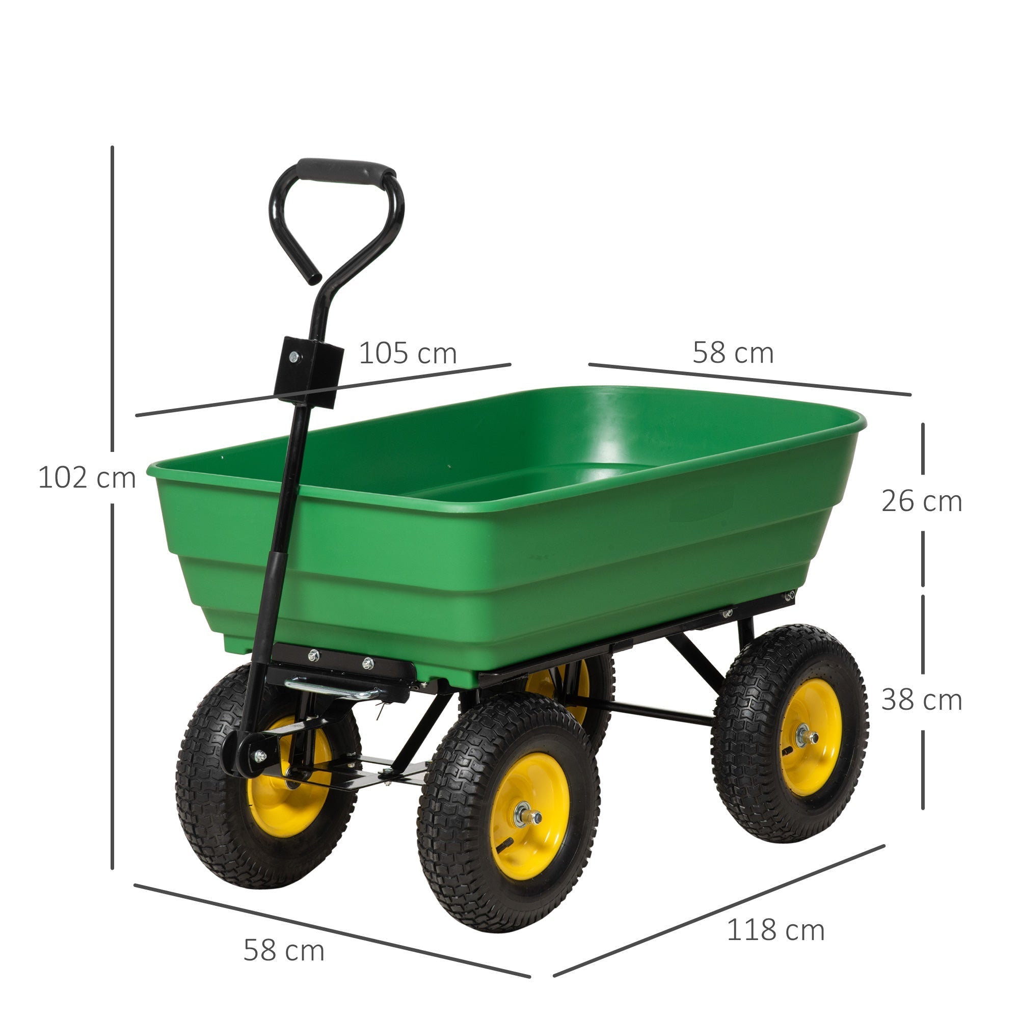 Green outsunny garden cart with large 125 litre plastic tub, black metal frame, and yellow rimmed tires for heavy duty use