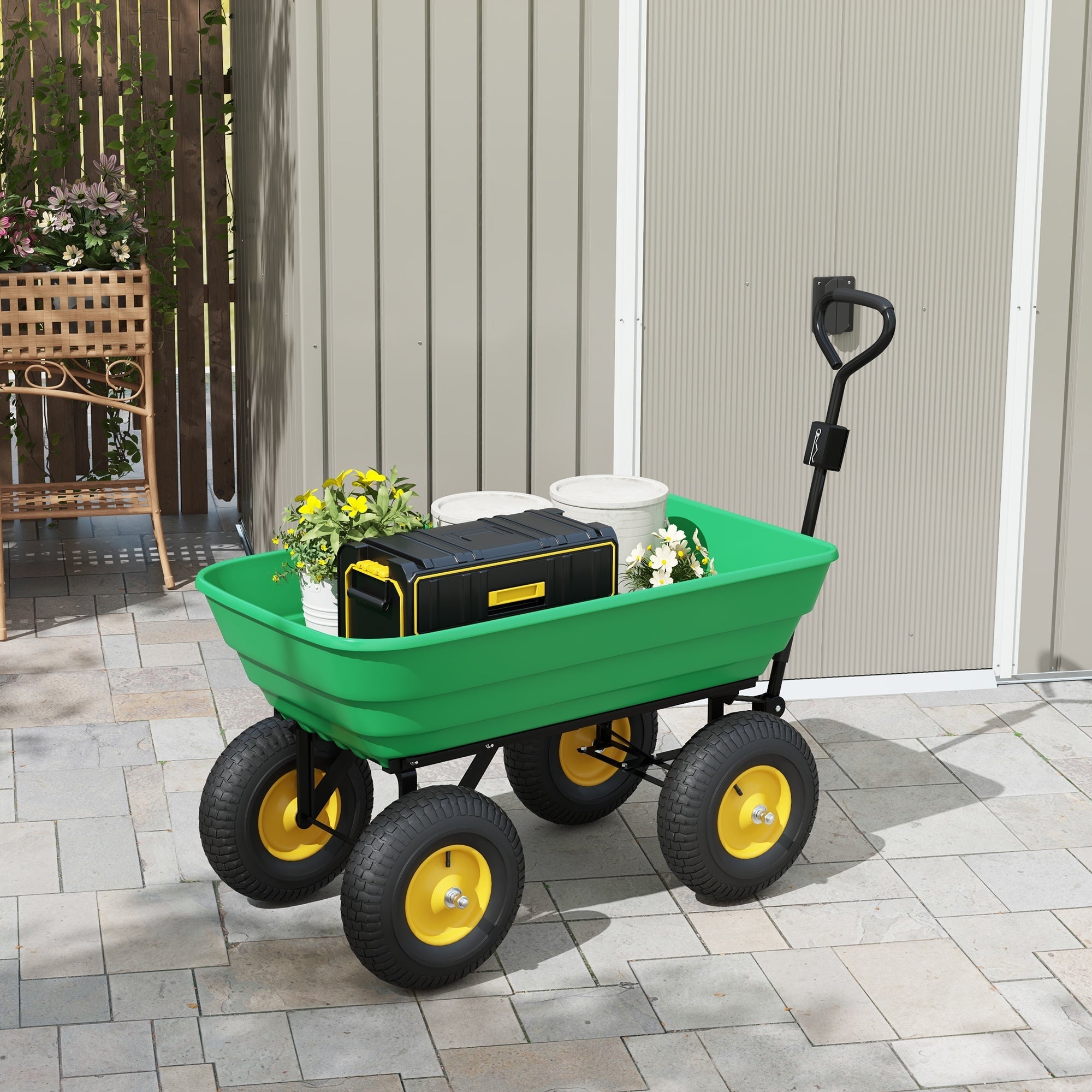 Outsunny green plastic garden cart with 125 litre capacity and sturdy handle for easy pushing and heavy duty use