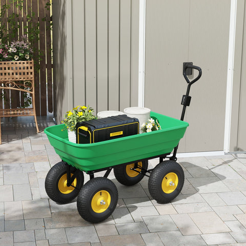 Outsunny green plastic garden cart with 125 litre capacity and sturdy handle for easy pushing and heavy duty use