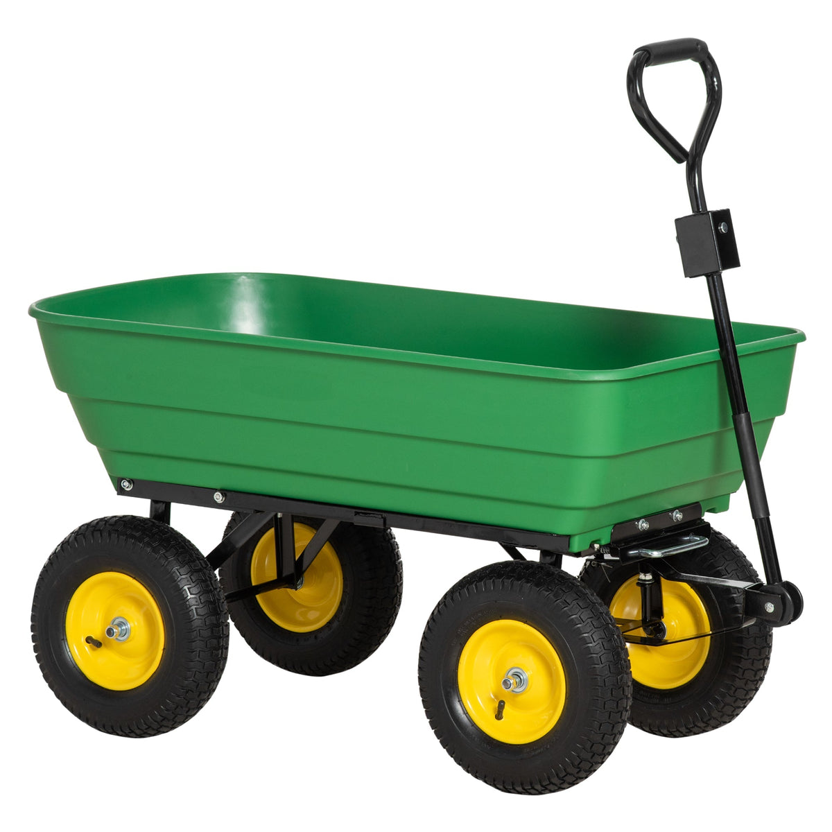 Green outsunny garden cart with black metal frame yellow-rimmed tires heavy duty 4 wheel trolley for gardening tasks