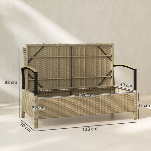 Beige woven wicker outsunny 125l garden storage bench with black metal frame and hinged lid for outdoor storage