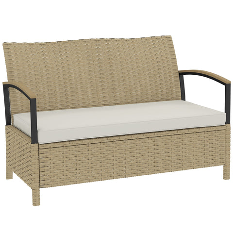 Beige wicker garden storage bench with black metal arms white cushion 125l storage perfect for outdoor use
