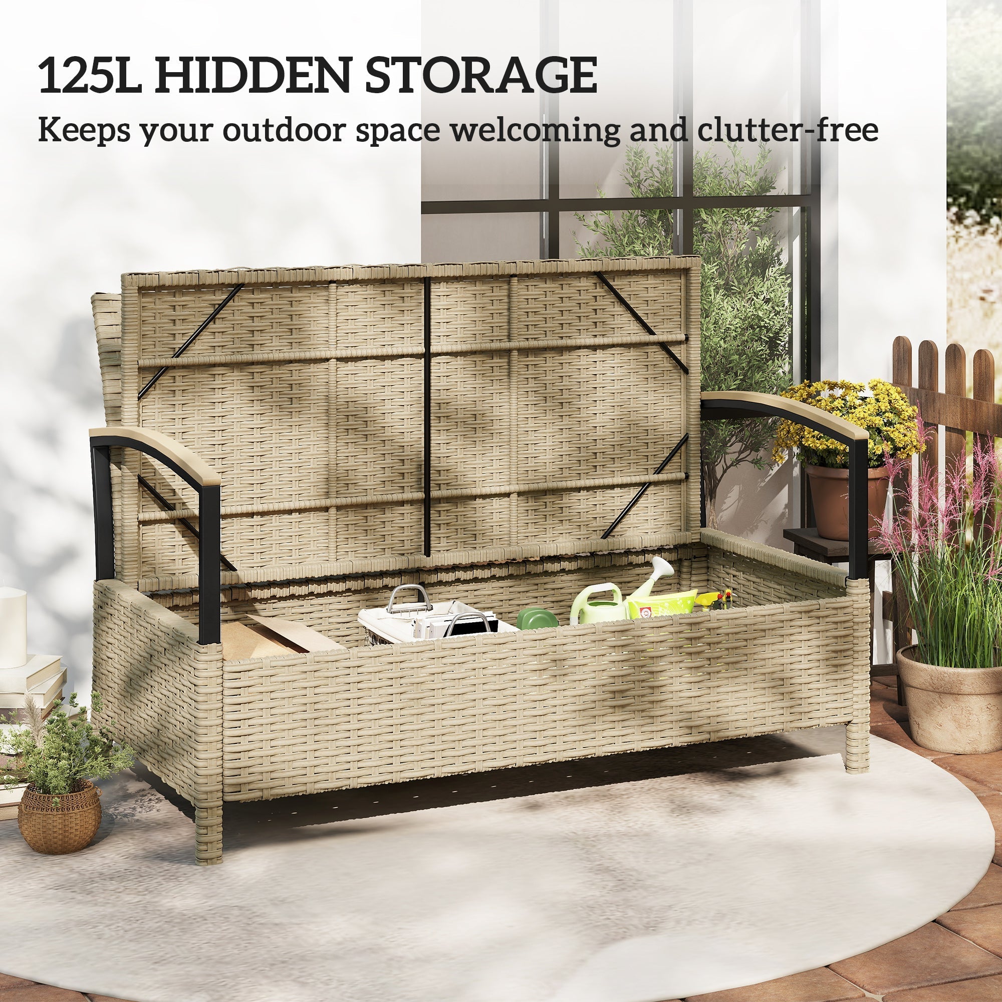 Beige woven wicker garden storage bench with black metal frame and open lid showing 125l storage space