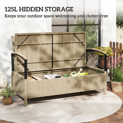 Beige woven wicker garden storage bench with black metal frame and open lid showing 125l storage space
