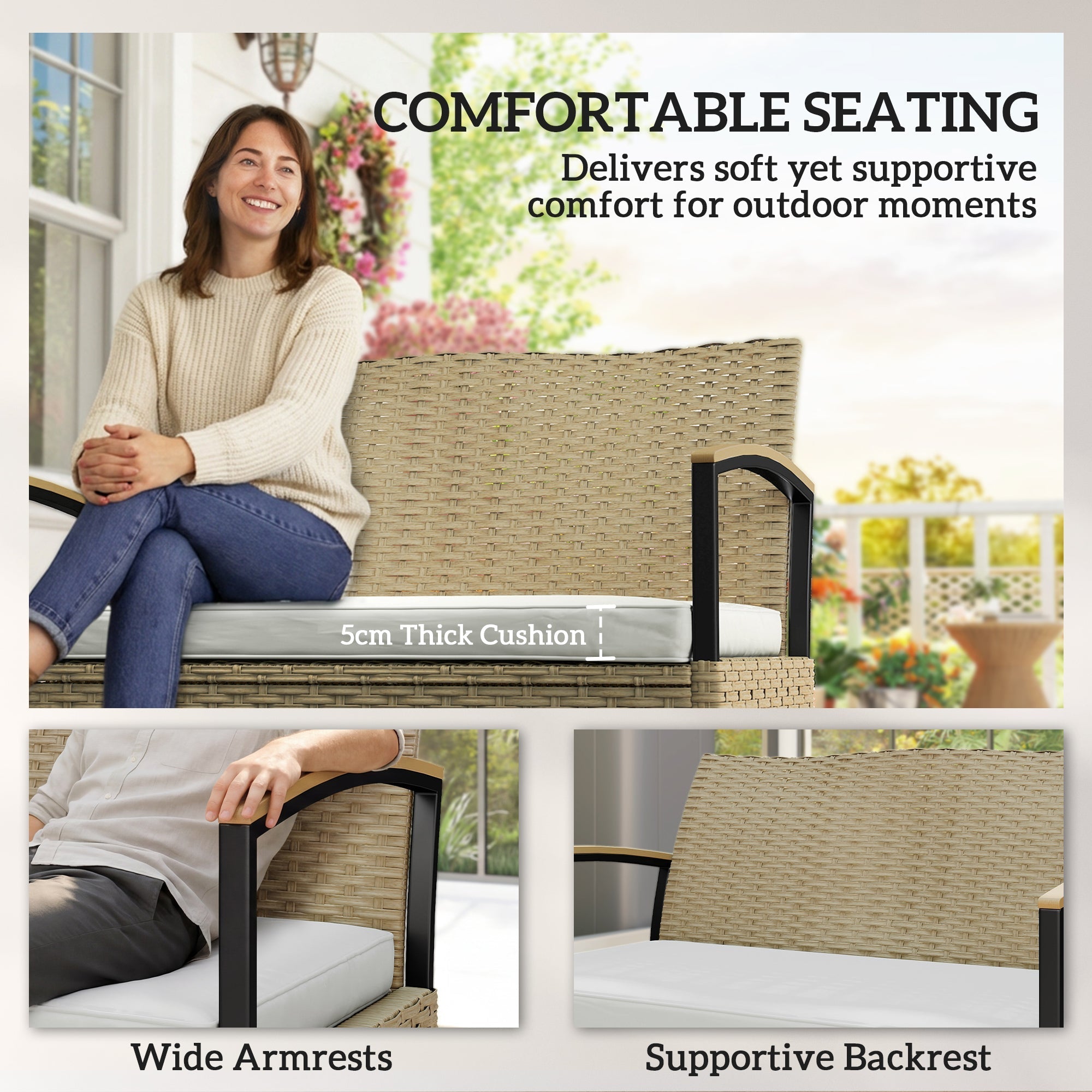 Beige woven wicker outdoor garden storage bench with black metal frame and white cushion 125l storage box