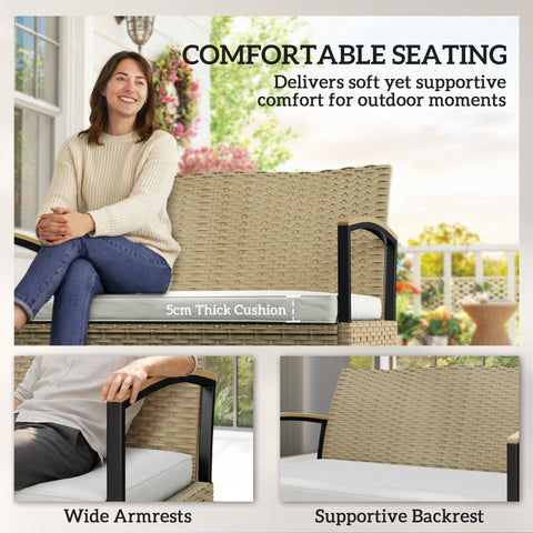 Beige woven wicker outdoor garden storage bench with black metal frame and white cushion 125l storage box
