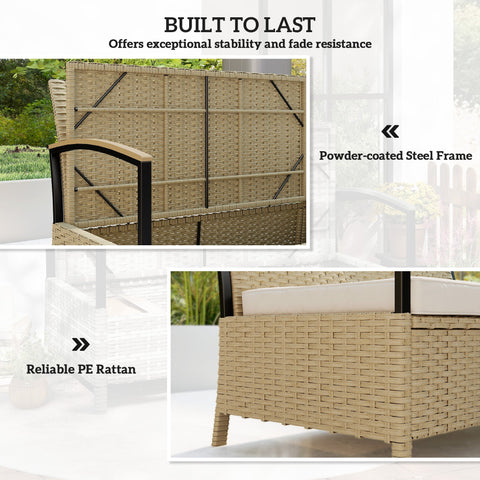 Beige woven pe rattan outdoor armchair with powder-coated steel frame perfect for garden storage bench setups