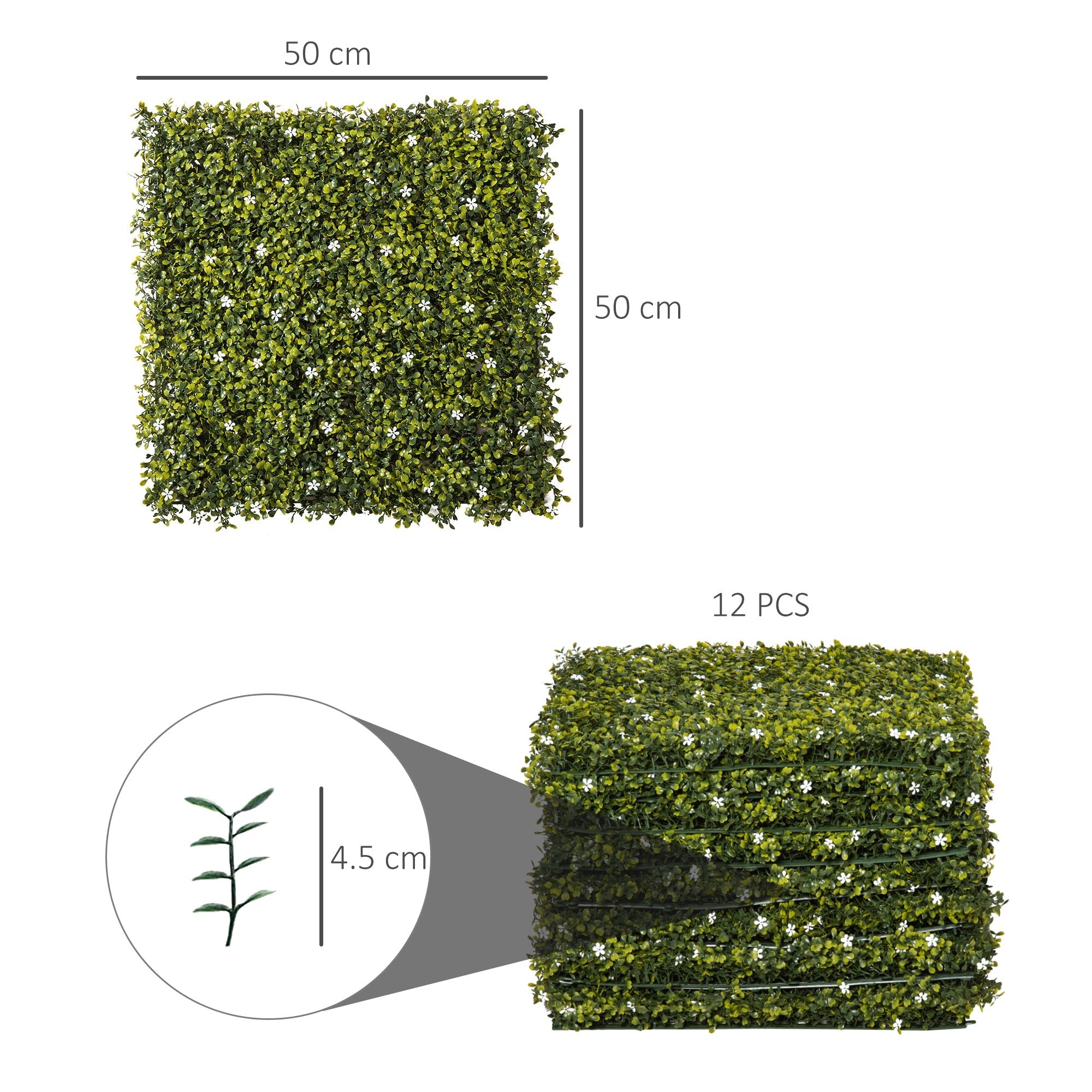 Outsunny 12pcs 50cm x 50cm artificial milan grass wall panels with white flowers for garden privacy fence backdrop
