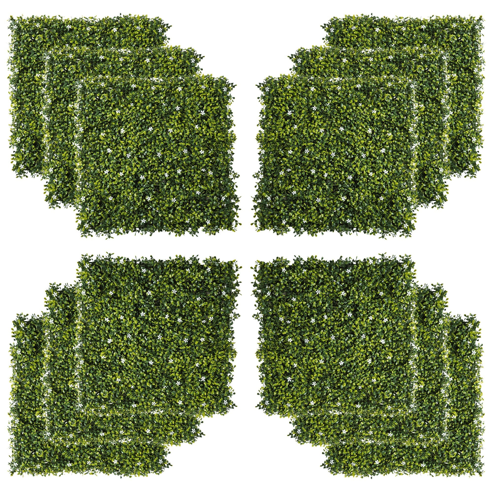 Outsunny 12pcs green artificial boxwood wall panels 50cm x 50cm with milan grass and white flowers for privacy fence