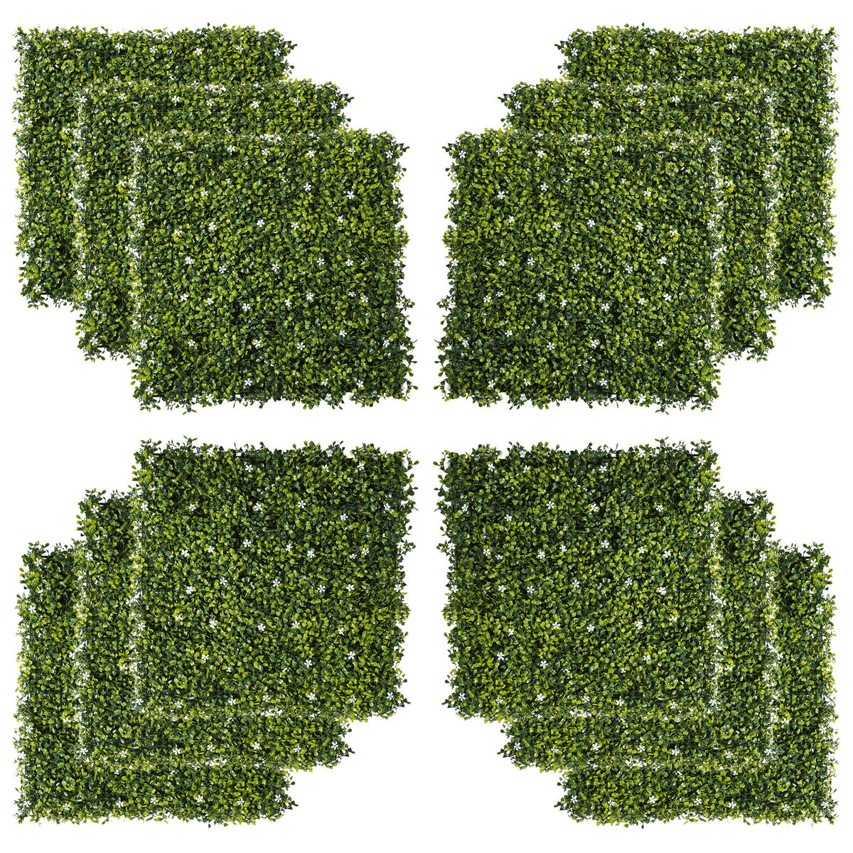 Outsunny 12pcs green artificial boxwood wall panels 50cm x 50cm with milan grass and white flowers for privacy fence
