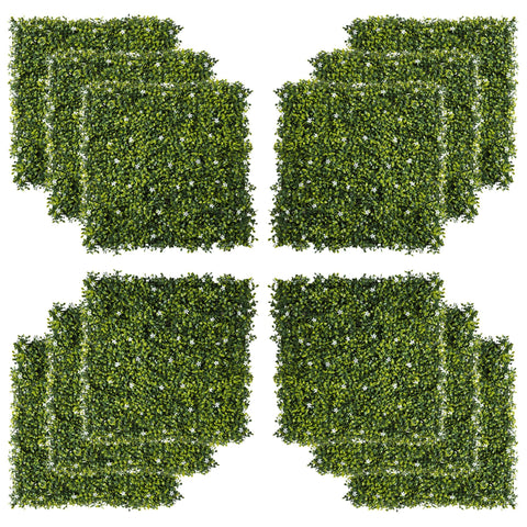 Outsunny 12pcs green artificial boxwood wall panels 50cm x 50cm with milan grass and white flowers for privacy fence
