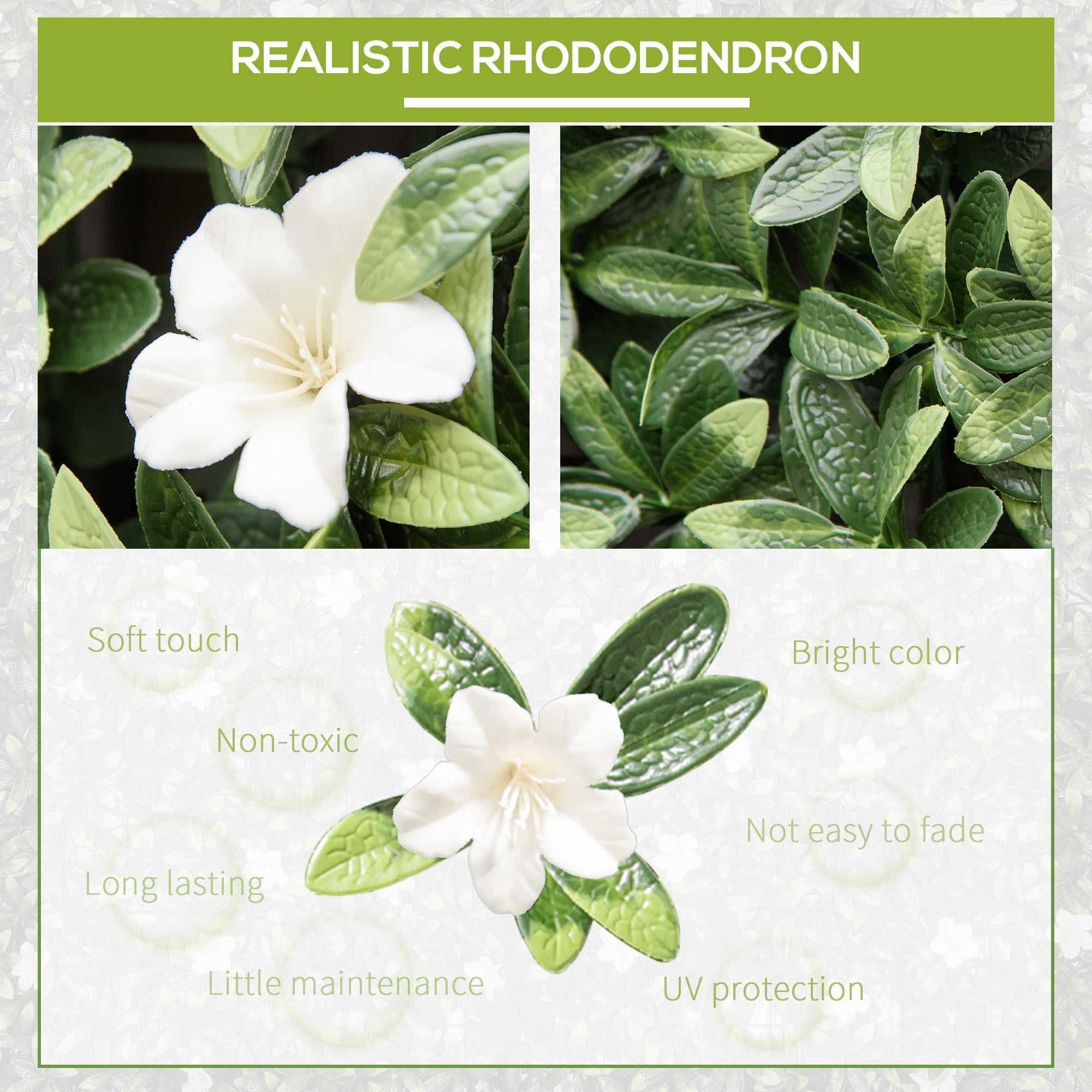 Realistic white rhododendron artificial plant with glossy green leaves for Outsunny 50cm x 50cm boxwood wall panels